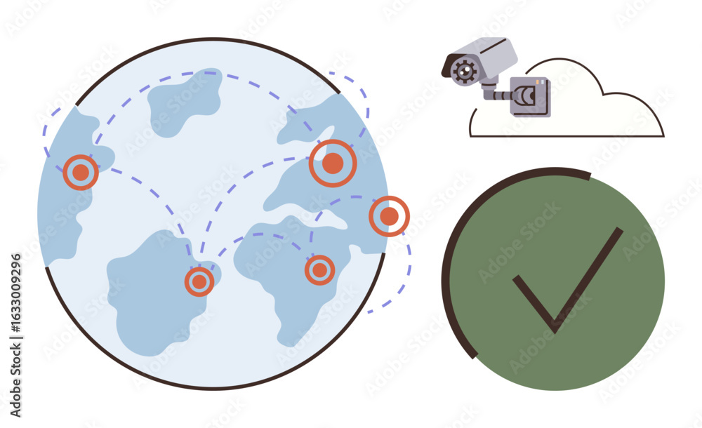 Poster globe with connected nodes, surveillance camera linked to cloud, and green checkmark. ideal for cybe