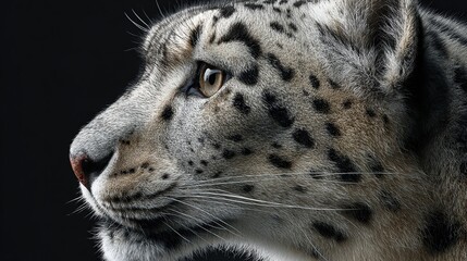 Snow leopard portrait, majestic feline with spotted fur against black background