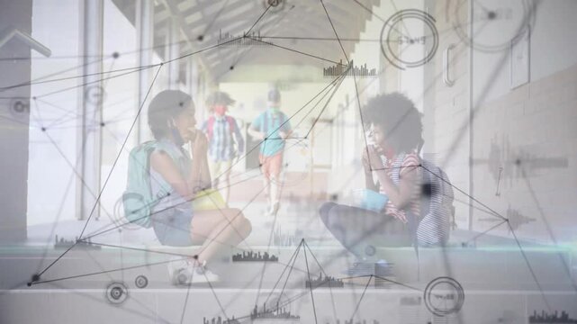 Girls squatting pulling lunch activating network overlay snack sharing while schoolmates passing by