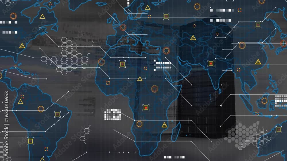 Poster server rack door swinging open starting world map expanding with icons popping showing global links