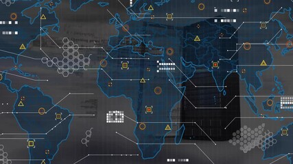 Server rack door swinging open starting world map expanding with icons popping showing global links - Powered by Adobe