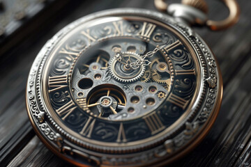 Obraz premium Detailed 3D Vintage Pocket Watch Model Featuring Ornate Engravings and Inner Gears