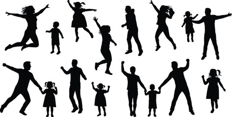 Silhouettes of happy family jumping and playing together, parents and children, joyful moments, outdoor fun, celebration, bonding, love, active lifestyle
