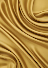 Luxurious Golden Silk Fabric Texture Background, Elegant Draped Textile Design, Smooth Waves.