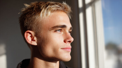 contemplative young man gazes thoughtfully out of window bathed in soft glow of morning sunlight