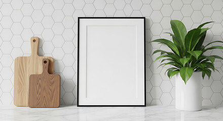 Blank picture frame on a marble surface with hexagonal tiles and plants empty Vector illustration of