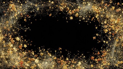 Fototapeta premium Gold flowers bloom amidst thin, twisted vines, framing a void on black background