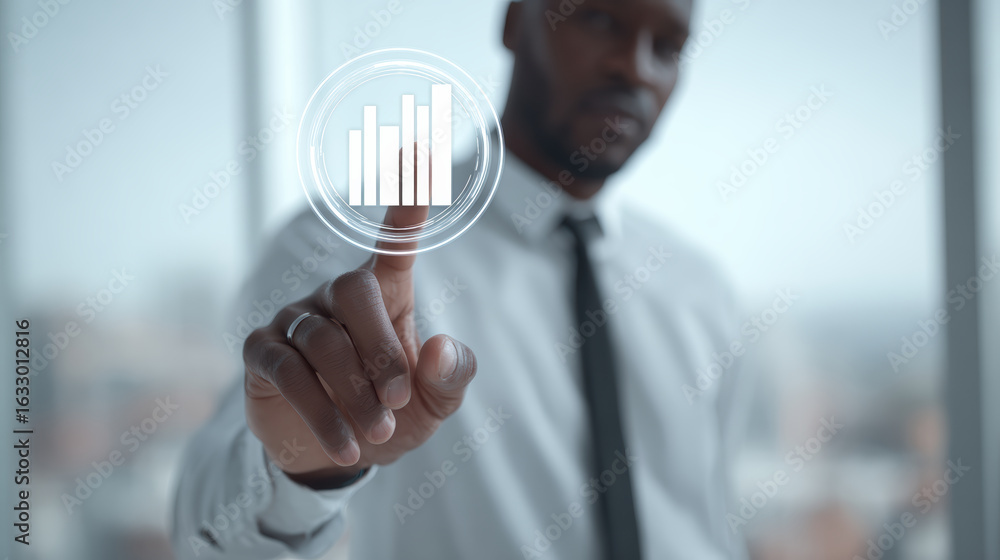 Poster businessman interacting with holographic data interface showing