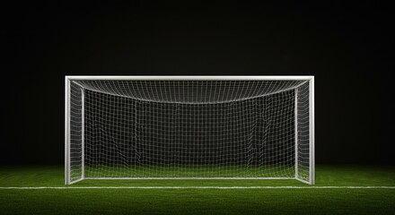 Fototapeta premium Isolated White Soccer Goal on Green Grass Field at Night