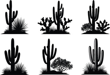 Collection of six distinct black silhouette illustrations depicting various saguaro and prickly pear cactus plants in desert landscapes with sparse vegetation