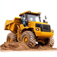 Fototapeta premium Yellow Articulated Dump Truck on Dirt, Isolated on White