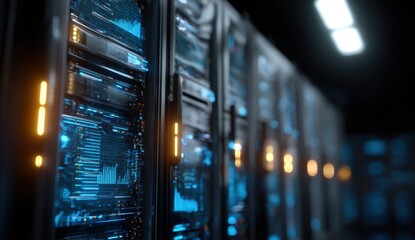 Rows of illuminated server racks create a futuristic and technological atmosphere in a dimly lit data center, suggesting advanced computing and