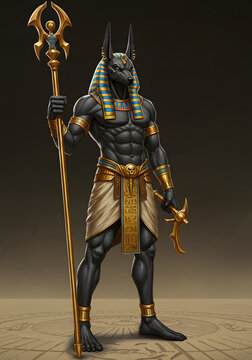 Ancient Egyptian God Anubis Illustration Jackal-Headed Deity, Staff and Khopesh, Mythology Artwork.