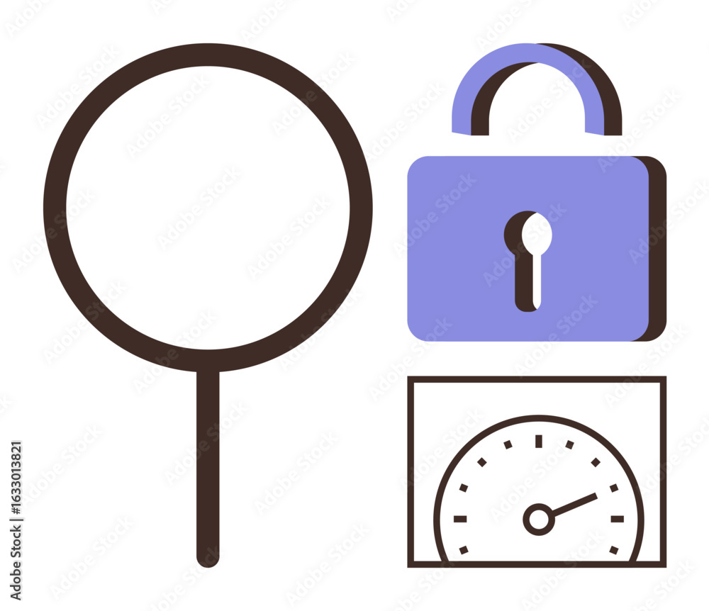 Poster magnifying glass, padlock, and speedometer symbolizing data search, cybersecurity, and performance t