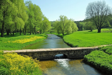 Obraz premium Scenic river landscape with stone bridge background