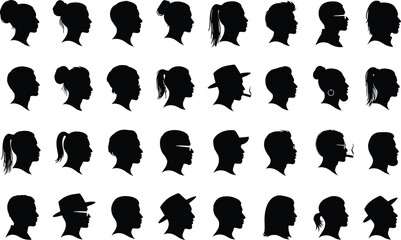Diverse collection of black silhouette profiles showcasing a variety of hairstyles and headwear for men and women