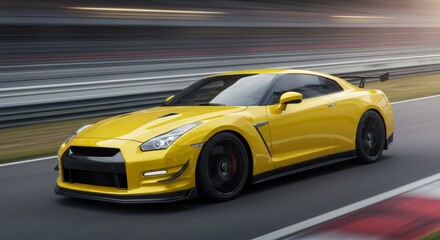 Yellow Sports Car Speeding on Racetrack with Motion Blur