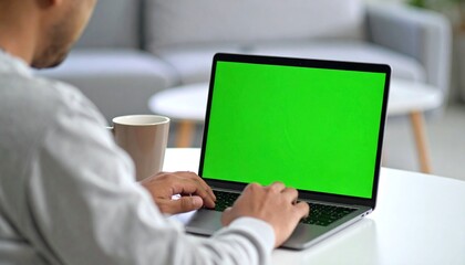 A person is working on a laptop with a green screen, indoors with a coffee cup.