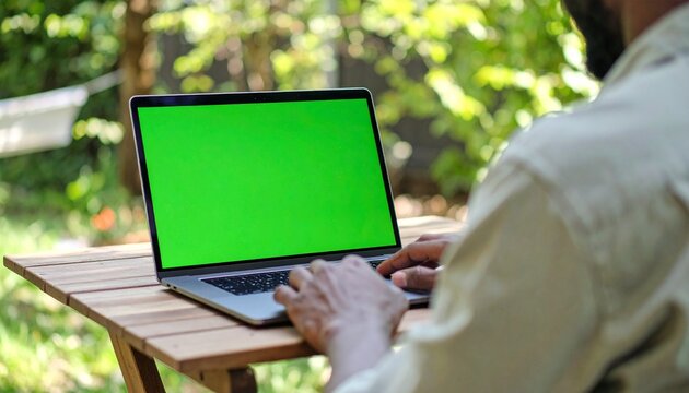 A man types on a laptop with a green screen outdoors on a wooden table, with blurred greenery in the background.