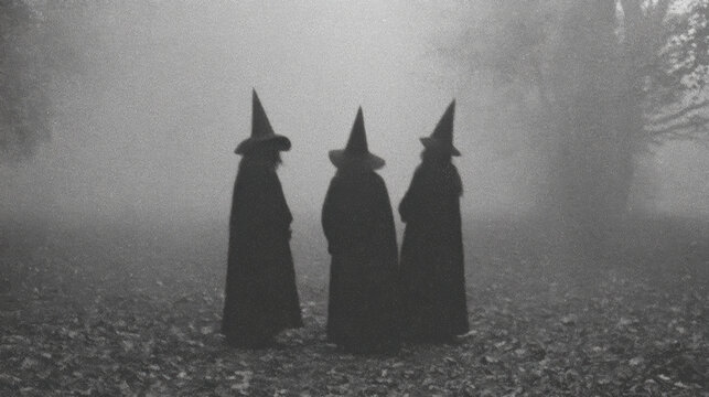 Vintage style black and white photo of three witches traditional