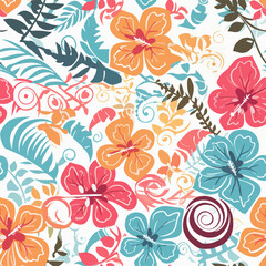 Visually appealing,  decorative pattern featuring hibiscus flowers,  tropical leaves and vines in a  variety of bright colors on a white background.