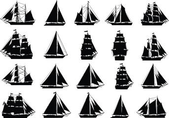 Collection of diverse vintage sailing ship silhouettes with detailed rigging and masts on a clean white background