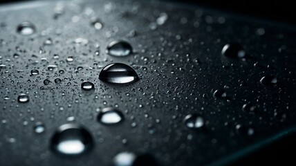 Water Droplets on Dark Surface. High-resolution macro shot of water droplets on a black surface, perfect for texture backgrounds or moisture concepts.