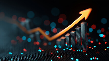 Glowing orange arrow rises over digital bar chart, symbolizing growth and success in futuristic setting. background features blurred blue and red lights, adding dynamic feel