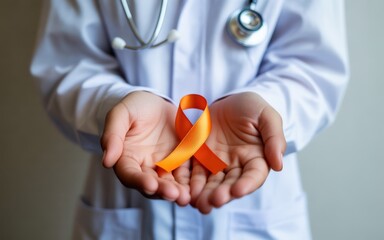 Doctor's hands gently hold a vibrant orange awareness ribbon symbolizing health and medical support