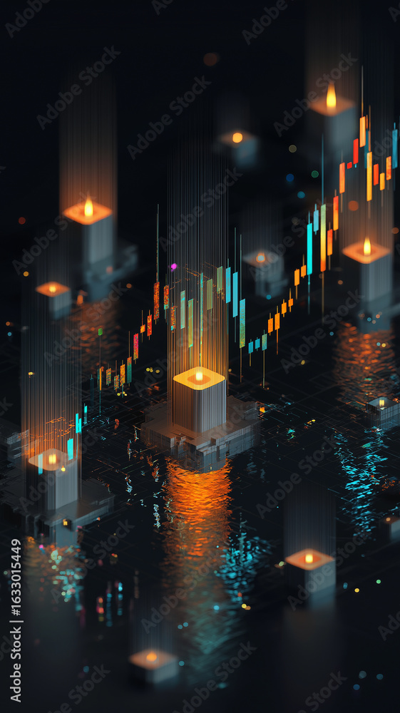 Poster digital artwork features futuristic candlestick chart with glowing elements, symbolizing cryptocurre