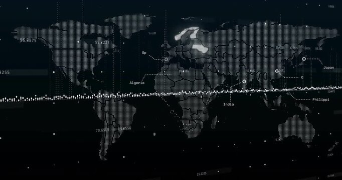 Opening dot map centering South America, showing glowing zones, pulsing data for global streaming