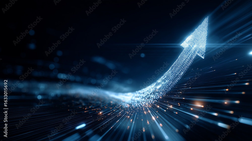 Poster digital arrow composed of glowing particles curves upward, symbolizing business growth and progress 