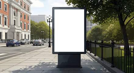 Empty Digital Billboard on Cityside Sidewalk in Urban Park Setting