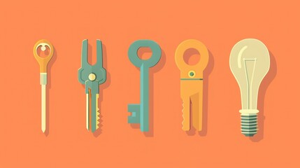 Flat illustration of five diverse keys and a lightbulb on a coral background