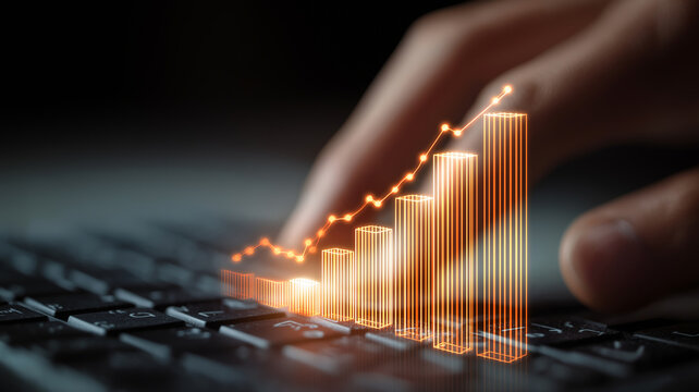 Hand interacts with computer keyboard, overlayed with glowing 3D bar graph, symbolizing technology and data growth. image conveys innovation and progress in digital analytics - Powered by Adobe