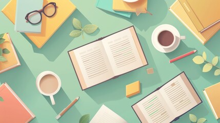 Flat lay of open books, coffee, glasses, and stationery on a light teal surface