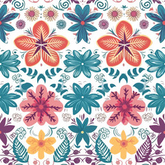 Fototapeta premium Repeating pattern of various flowers in a range of vibrant colors against a white backdrop. Detailed floral forms and decorative elements create an appealing visual design.