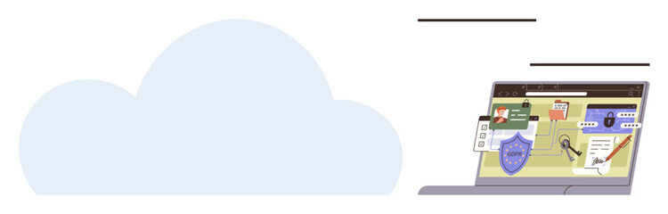 Open laptop displaying security features thumbs up shield icon, padlock, and authentication forms alongside a large cloud icon. Ideal for cybersecurity, privacy, cloud computing, data protection