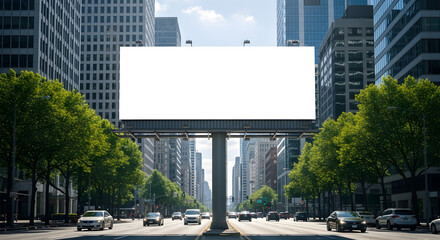 Obraz premium Urban Cityscape with Large Empty Billboard in Downtown Commercial District
