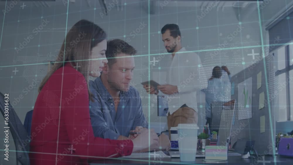 Poster business professionals pointing at highlighted grid overlay on monitor and annotating for review