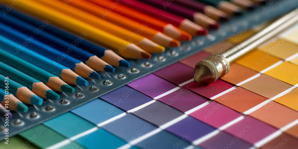 Poster vibrant array of colored pencils is neatly arranged alongside color swatch book, showcasing spectrum