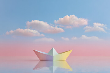 Obraz premium whimsical paper boat floats gently in puddle reflecting expansive sky above