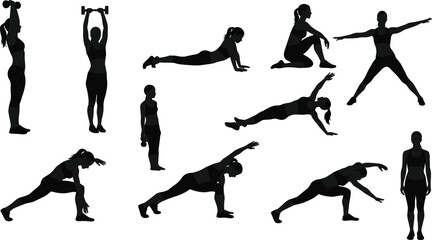 Silhouettes of woman performing different fitness exercises, stretching, weightlifting, workout poses, yoga, strength training, healthy lifestyle, fitness routine, active
