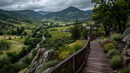 Obraz premium Wooden Boardwalk Winding Vineyards Leading Rolling Hills Detail Depth Field Natural Light