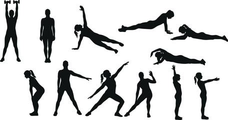 Silhouettes of woman performing various fitness exercises, stretching, yoga poses, weightlifting, strength training, workout routine, healthy lifestyle, active, athletic