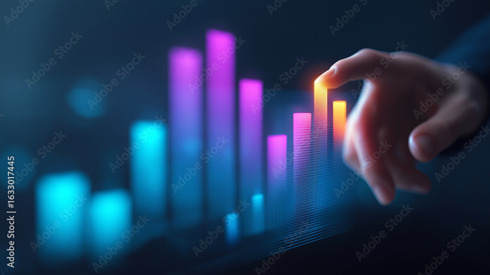 Poster hand interacts with vibrant digital graph, featuring colorful bars in futuristic setting, symbolizin