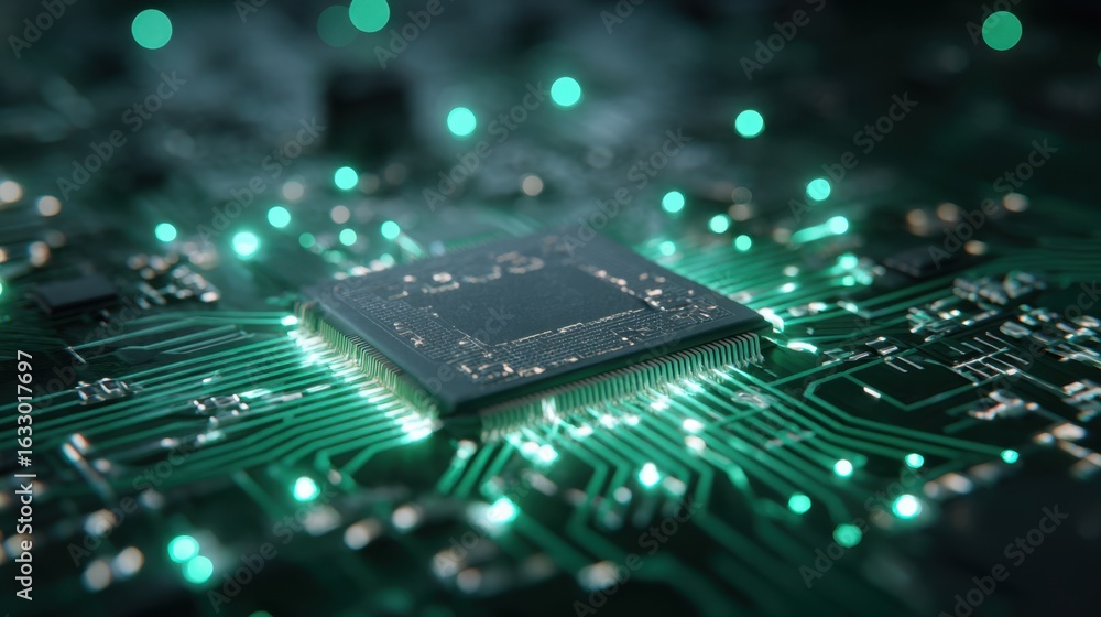 Poster a close-up view of a computer processor chip on a circuit board with glowing green lights, showing t