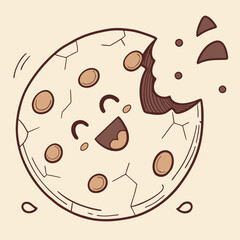 Cute cartoon cookie with chocolate chips and bite taken ou