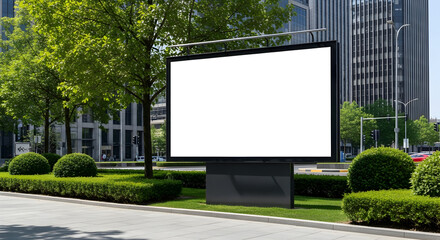 Large Empty Digital Billboard in Urban Park with Green Trees and Modern Office Buildings
