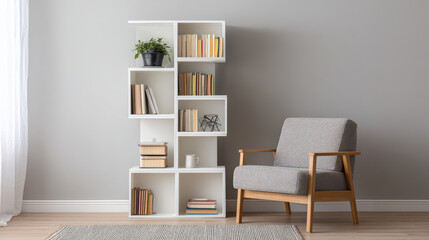 stylish bookshelf featuring captivating geometric designs stands out against clean neutral background